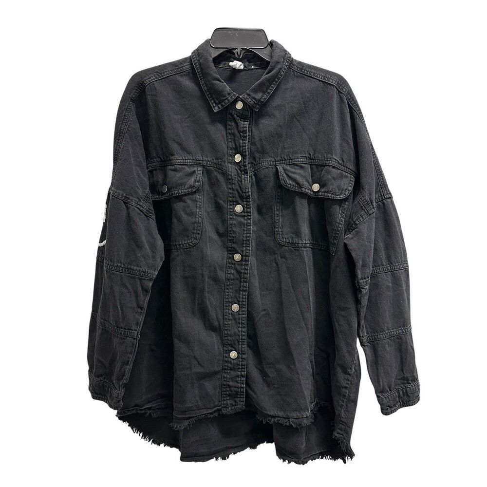 ELAN Dolly Smiley Face Y2K Button Up Shacket Shirt Jacket Denim Black Size Large